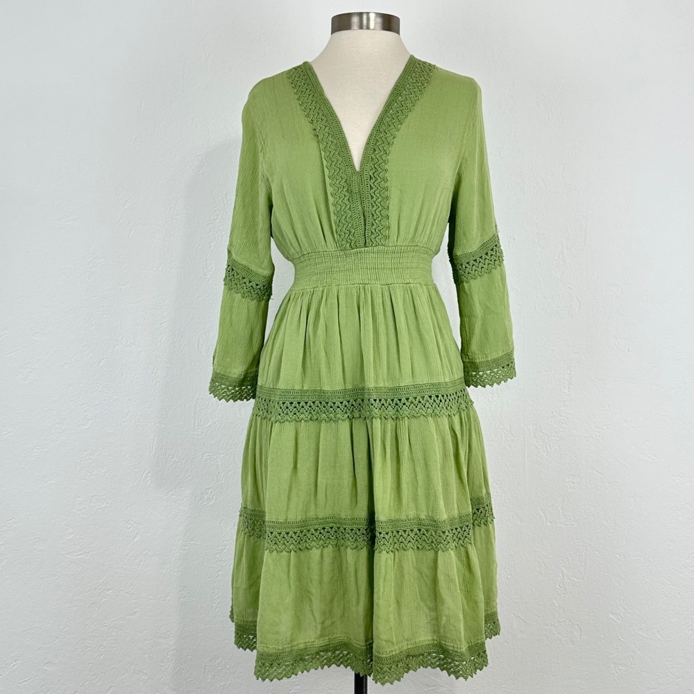 Women Cottage Boho Fairy Midi Dress Sz Large Ren Faire Tiered Crochet Smocked